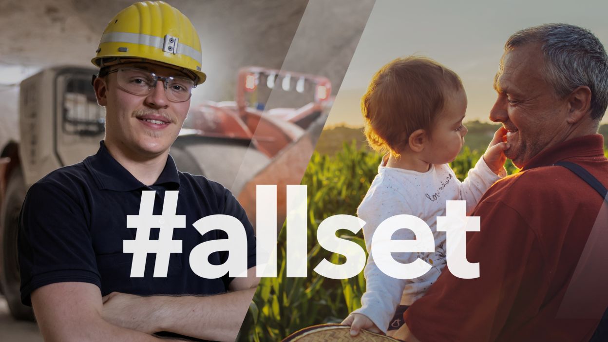 Split image showing a miner in protective gear on the left and an older man with a toddler in a field at sunset on the right; above it, the words “#allset.”